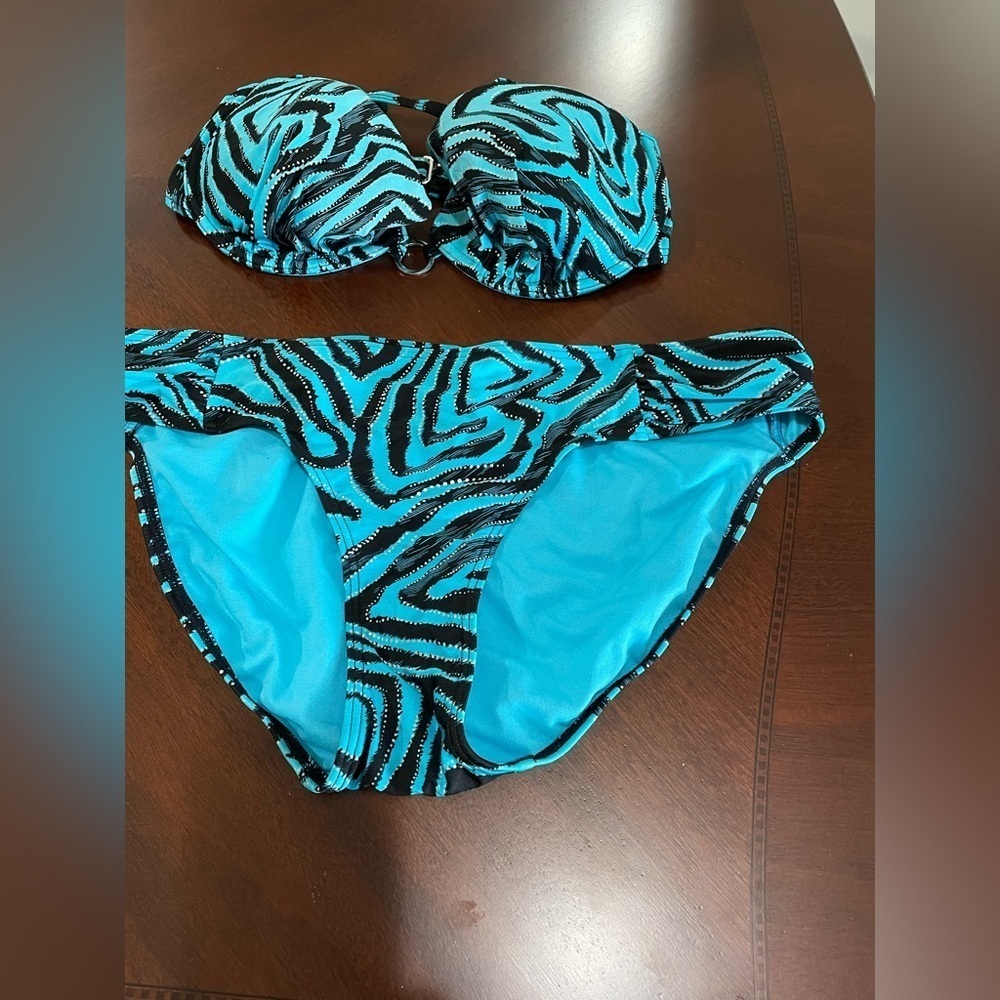 Ambrirlle womens Zebra print black and Teal with silver accents two piece Bikini